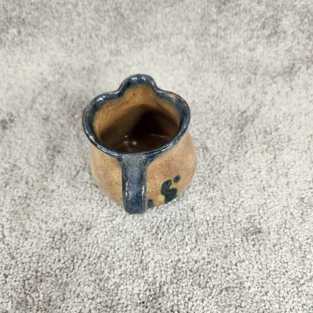 Studio Pottery Creamer Pitcher Tan Cobalt Blue‎ Rustic Farmhouse Small
